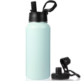 Neihepal Botella de agua aislada de 32 onzas con 2 tapas (tapa de popote y boquilla), botellas de agua de doble pared de acero inoxidable 18/8 para gimnasio, viajes, camping, deportes (niebla, 1