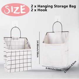 BieFuSin 2Pcs White Plaid Fabric Wall Hanging Storage with Hook, Hanging Waterproof Storage Bags with Side Mesh Pockets, Stylish Hanging Storage Pouches for Bedroom, Bathroom, Kitchen