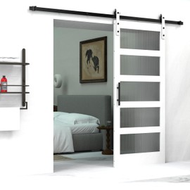 Arti-Life 32 x 84 Inch Glass Sliding Barn Door Slab and 5.5ft Hardware Kit Included, 5 Frosted Glass, LVL Wood Panel Covered with White Water-Proof Scratch-Resistant PVC Surface, Simple DIY Assembly