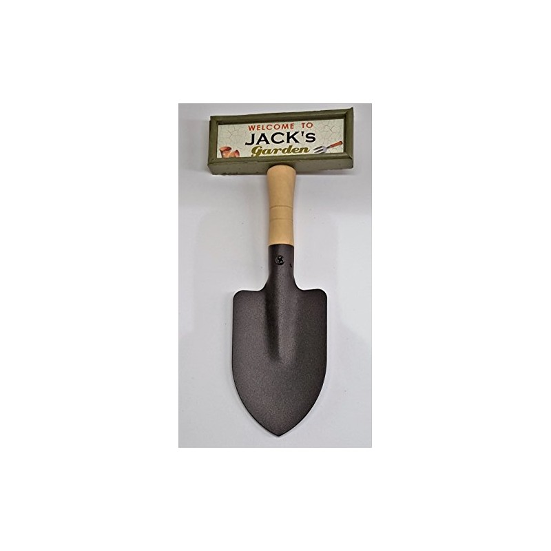 "Welcome to Jack's garden" hanging shovel sign