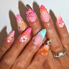 3D Press on Nails Medium Almond Fake Nails with Zebra Cheetah Print Design French Tip Nails Summer Flower False Nails Colorful Glossy Acrylic Nails Reusable Stick on Nails for Women 24Pcs