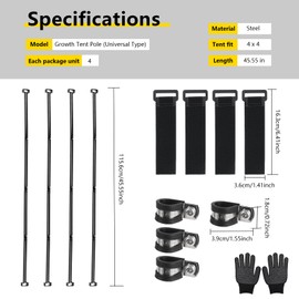 YIBOBO-Heavy-Duty Grow Tent Mounting Bar, High Airflow CFM Side Support Pole Kit with Non-Slip Hook and Loop Straps, Sturdy Metal Replaceable Bracket for Keep The Tent Wall Stable (4 * 4’)