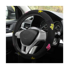 NYTKL - Funda para volante de mariposa, 15 pulgadas, antideslizante, transpirable, bonito protector para volante, bordado, mariposas, flores, para mujeres y niñas, accesorios de coche