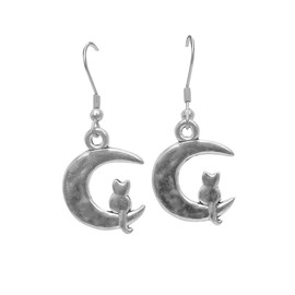 Cat Sitting on the Moon Dangle Earrings, Steel French Wires