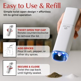 Automatic Salt and Pepper Grinder Set - Rechargeable Electric Salt and Pepper Shakers with Adjustable Coarseness, LED Light, One-Handed Use, Gravity Salt Grinder and Electric Pepper Mill