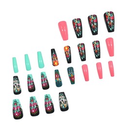 Death's Head Press on Nails Medium Square Fake Nails Colorful Glue on Nails Flower Stick on Nails Goth False Nails Glossy Acrylic Nails Full Cover Artificial Nails Reusable Nails Kit for Women 24Pcs