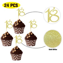 Sumerk 24PCS 18 Cupcake toppers Gold Glitter 18th Birthday Cupcake Picks Anniversary Party Decorations