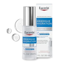 Eucerin Suero facial suavizante de hidratación inmersiva, suero ultraligero de ácido hialurónico que reduce el aspecto de líneas finas y arrugas, botella de 1 onza líquida