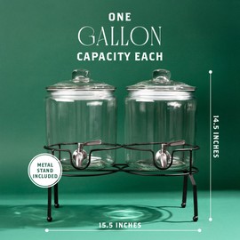 Double Glass Drink Dispenser with Stand - 1 Gallon Large Beverage, Juice & Water Dispenser for Parties with Spout- Stainless Steel Spigot & Airtight