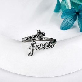 Faith Ring 925 Sterling Silver Cross Faith Ring Adjustable Christian Spoon Rings Religion Jewelry Mothers Day Gifts for Women Mom-Black