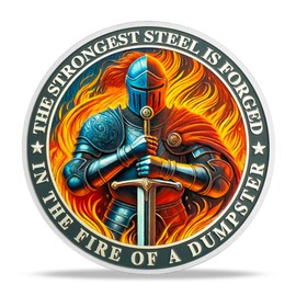 The Strong Steel Challenge Coin with Knight and Flaming Dumpster Design