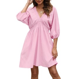 Ladyful Women's Cotton Linen Mini Dress V Neck 3/4 Sleeve Babydoll Short Flowy Dress Casual Loose Shift Tunic Dress Pink