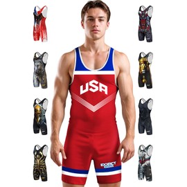 Exxact Sports Sublimated Men's Wrestling Singlet, High-Performance Powerlifting Singlet, Wrestling Singlets for Men (AXL, Red USA)