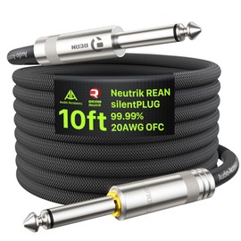 AA AUDIO ACCESSORY Silent Guitar Cable 10 ft, Neutrik REAN silentPLUG, Kevlar-Reinforced Nylon Braided Anti-Kinking, Auto Mute 20 AWG 99.99% OFC 1/4 Instrument Cable, Shielded Amp Cord for Bass Guitar