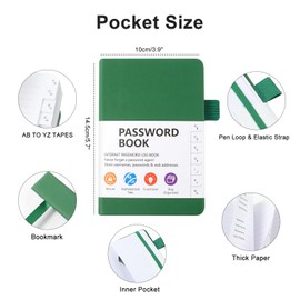A6 Password Book Alphabetical with Tabs, Hardcover Password Keeper Book, Password Book for Seniors for Internet Website Address Login Details (Green)