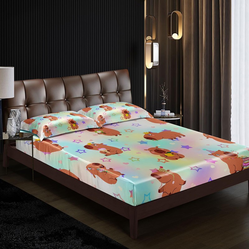 AILONEN Kawaii Capybara Fitted Sheet Set Twin Size,Cute Cartoon Capybara