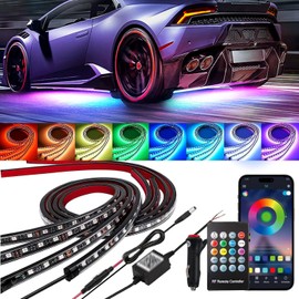YUGUANG 4Pcs Underglow Light Kit for Car, APP & Remote Control Multicolor Car Underglow Light Kit Music Sync RGB Underbody Strips Light Waterproof for Car Trucks SUVs.