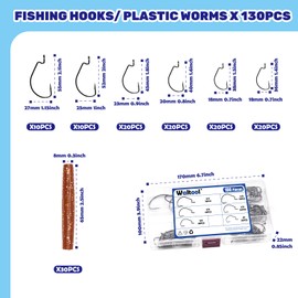 Waltool 130Pcs 6 Sizes Fishing Hooks Assortment Set with Soft Plastic Worms Crawfish, 1 1/0 2/0 3/0 4/0 5/0 4X High Carbon Steel Strong Rig Jig Offset Fish Hooks for Bass Trout Saltwater Freshwater