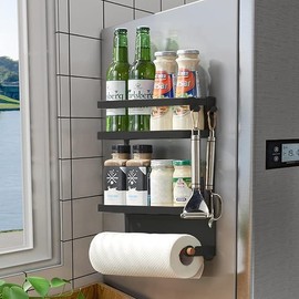 Magnetic Spice Rack for Refrigerator, Magnetic Paper Towel Holder Shelf, Fridge Magnet Organizer, Black