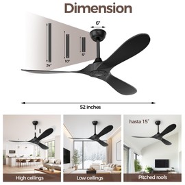 ghicc Black Ceiling Fan No Light, 52 in OutdoorCeiling Fans with Remote Control without Light, 3 Blades, 6 Speed Reversible DC Motor Modern for Patios, Kitchen, Bedroom, Porch (Black)