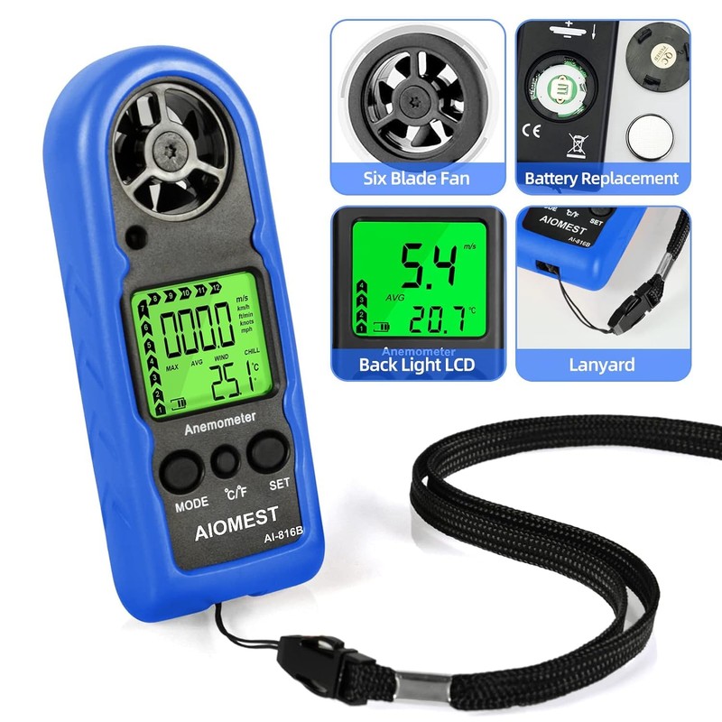 AIOMEST AI-816B Anemometer, Ultra Mini Wind Meter, Digital High Precision