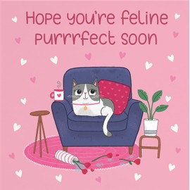 Hunts England - Get Well Soon Cute Cat Card For Her - Hope You're Feline Purrrfect Soon - Iconic Collection