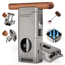 Scotte Cigar Lighter, Torch Lighter 4 Jet Flame, Refillable Butane Lighter with Cigar Cutter V Cut Cigar Punch Cigar Holder Cigar Draw Enhancer, Great Cigar Accessories Cool Lighters with Gift Box