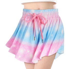 Play Tailor Butterfly Shorts Girls Flowy Athletic Short 2 in 1 Cheer Shorts with Pocket Drawstring for Running Dance Tennis, 9-10Y, Pink Blue