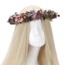 KorViSHOW Purple Flower Crown Headband - Handmade Fairy Floral Headpiece Artificial Vintage Rose Flower Headbands with Ribbon for Women Girls Wedding Renaissance Party Cosplay Photo Shoot