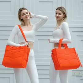 Herald Wavy Quilted Puffer Tote Bag for Women, Lightweight Puffy Satchel Handbag Shoulder Purse with Laptop Compartment (Orange)