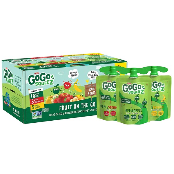 GoGo squeeZ Applesauce, Variety Pack (Apple/Banana/Strawberry), 3.2 Ounce (20 Pouches), Gluten Free, Vegan Friendly, Unsweetened, Recloseable, BPA Free Pouches