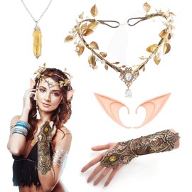 4PCS Forest Fairy Ears Costume Accessories, WoodlandFairy Crown Headband Lace Gloves Pixie Elf Ear VikingNecklace, Renaissance Elf Costume for Women GirlsHalloween Cosplay Costume Party (Gold)