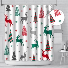 MEHOFOND 72x72in Merry Christmas Shower Curtain Pattern with Christmas Trees Reindeer Snowflake Shower Curtain Bathroom Decorations Happy New Year Decor Waterproof Polyester Fabric with Hooks