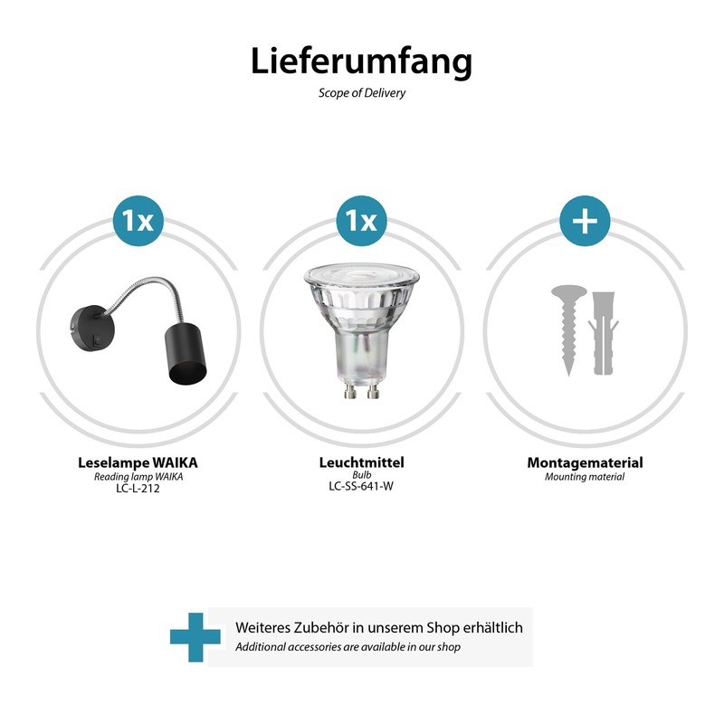 ledscom.de Waika Reading Light with Gooseneck and Switch Matte Black