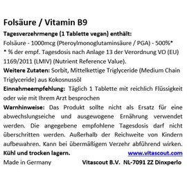 Folic Acid 270 Tablets, 1000 mcg Each - Folic Acid - Vitamin B9 = 500% of the Daily Requirement per Tray Vegan - No Magnesium Stearate - Made in Germany