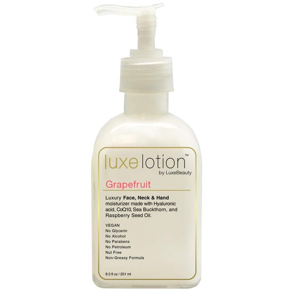 LUXE LOTION Luxurious Face, Neck & Hand Hyaluronic Acid Moisturizer 8.5oz Grapefruit Lotion - Organic Vegan Ingredients - No Glyerin, Alcohol, Gluten, Mineral Oil, Dimethicone, Soy, Nut & Paraben Free