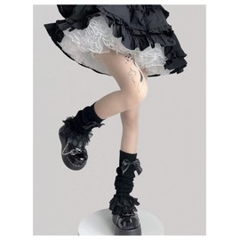 RoseSeek Women's 1 Pair Y2K Bow Front Lace Trim Leg Warmers Ribbed Knit Over Knee Pile Leg Warmers Long Socks Pure Black One-Size