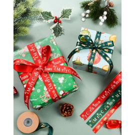 Liobelon 4 Rolls Christmas Ribbon for Gift Wrapping 5/8 In,40 Yards Red Green Holiday Christmas Ribbons,1inch Merry Christmas Grosgrain Ribbon for Hair Bow Clips DIY Crafts Christmas Decorations