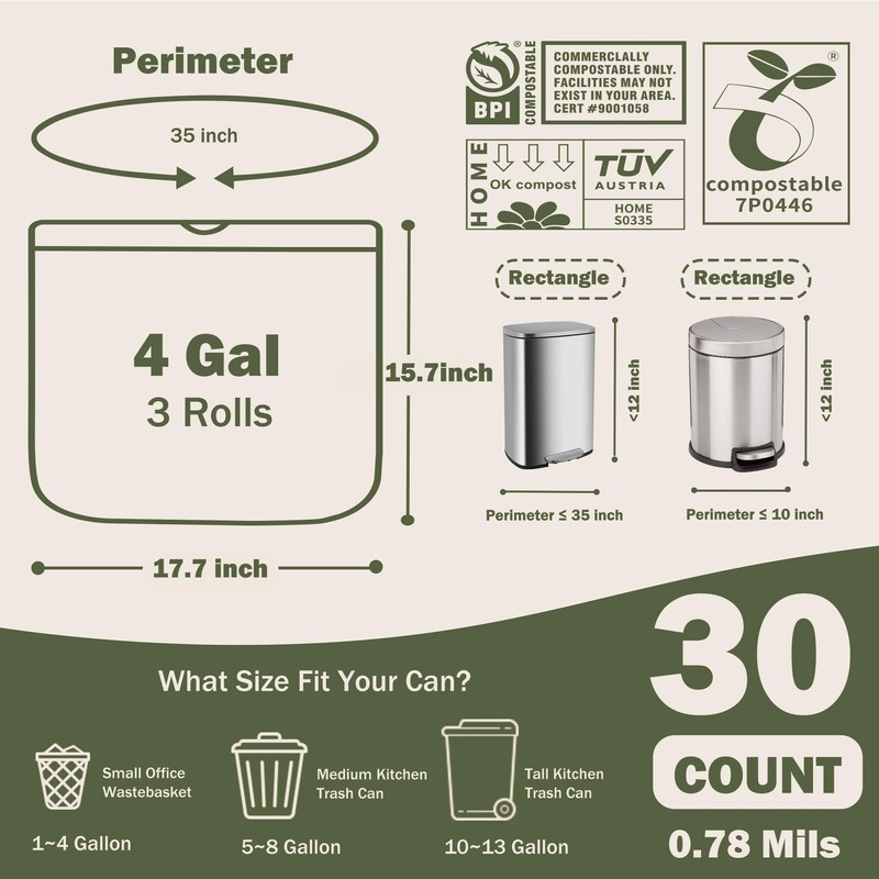 JENCENBIO Compostable Drawstring Bin Liners,15Liter Extra Thick 20 Micron, Compost
