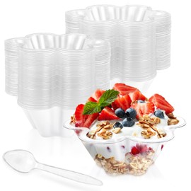 Jnnzzggu 100 Pcs Plastic Dessert Cups with Spoons,Clear Flower shaped Ice Cream Small Party Serving Bowls for Ice Cream,Fruit,Strawberry Shortcake,Disposable Snack (8 oz)