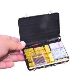EKKZ 1:6 Scale Miniature Briefcase Set - Includes Fake Gold Bars, Bundles of $100 Mini Dollar Bills, Vintage Coins and Mini Weapons - Unique Adult NoveltyToy & Dollhouse Accessories (Black)