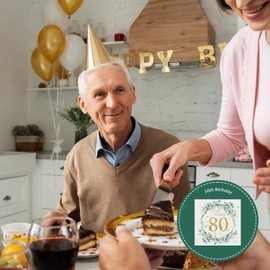 GROVBLE Pack of 40, napkins 80th birthday, napkins birthday, napkins eucalyptus green, happy birthday napkins, for decoration 80th birthday girl boy birthday celebrations party anniversary, 33 x 33 cm