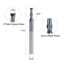 sourcing map Carbide Square End Mill, 3/32" Dia AlTiN BN Coated 2 Flutes Milling Bit Cutter, for Hardened Steel Cast iron Alloy Metal, 1/8" Shank 9/32" Cut Length 1-1/2" Long HRC50