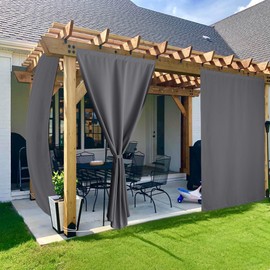 NICETOWN 2 Panels Outdoor Curtains for Patio, Adhesive Strip Top No Rods Needed, Back Tab Bottom with Free Rope for Wind Resistance, Waterproof & Windproof Drape for Gazebo/Pergola, W52 x L96 in, Grey