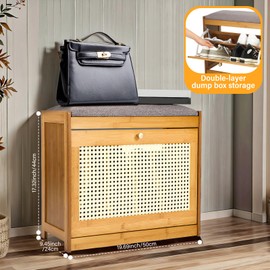 Memorywuu Rattan Small Entryway Bench with 2 Tie Flip Drawers Narrow Shoe Rack Bench for Wooden Shoe Organizer for Entryway Hallway Living Room Hallway Closet Rustic Oak Rattan