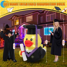 Leyndo 1 Set 5ft Graduation Inflatables Decoration Giant Inflatable Duck with Build-in LEDs Lights Cute Blow up Duck with Cap and Gown Diploma for Congrats Graduation Party Yard Lawn Photo Booth
