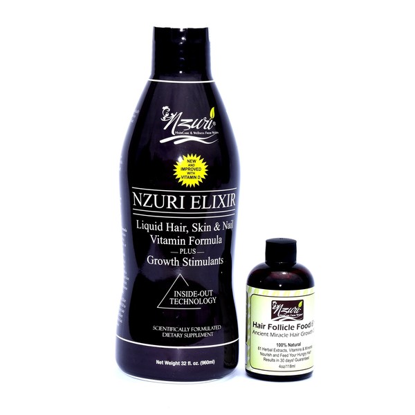 Nzuri Elixir Hair Skin and Nail with Vitamin D - 32 Oz + Nzuri Hair Follicle Food 61- Ancient Miracle Hair Growth Oil 4oz Vitamins to Make Hair Grow Long Intense Grow Long Hair Supplements Combo pack