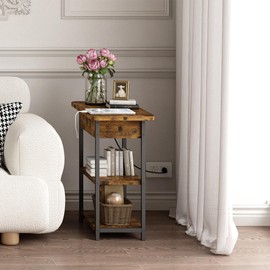 GarveeHome Narrow End Table with Charging Station, Flip Top Nightstand with USB Ports and Outlets, 3-Tier Sofa Side Table with Shelves for Small Spaces, Living Room, Bedroom, 1PC