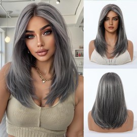 Layered Wigs For Women Shouler Length Wear and Go Glueless Straight Wig with Bangs Natural Looking Heat Resistant Synthetic Wigs for Daily Party Use (Black Mixed Gray, 16 Inch)