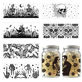 GLOBLELAND 8 Sheets 8.3x3.6inch Skull Skeleton Silhouette Jar Cutouts Flowers Grass Plastic Silhouette Wall Decals (Not Stickers) Lantern Jar Cutouts Window Lamp Decals Glass Art Mural Home Decor